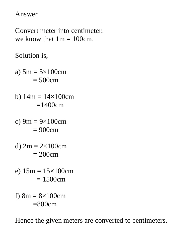 Exercise 11 Convert M Into Cm A 5m B 14m C 9md 2m C 15m F 8m Cm Into M Snapsolve