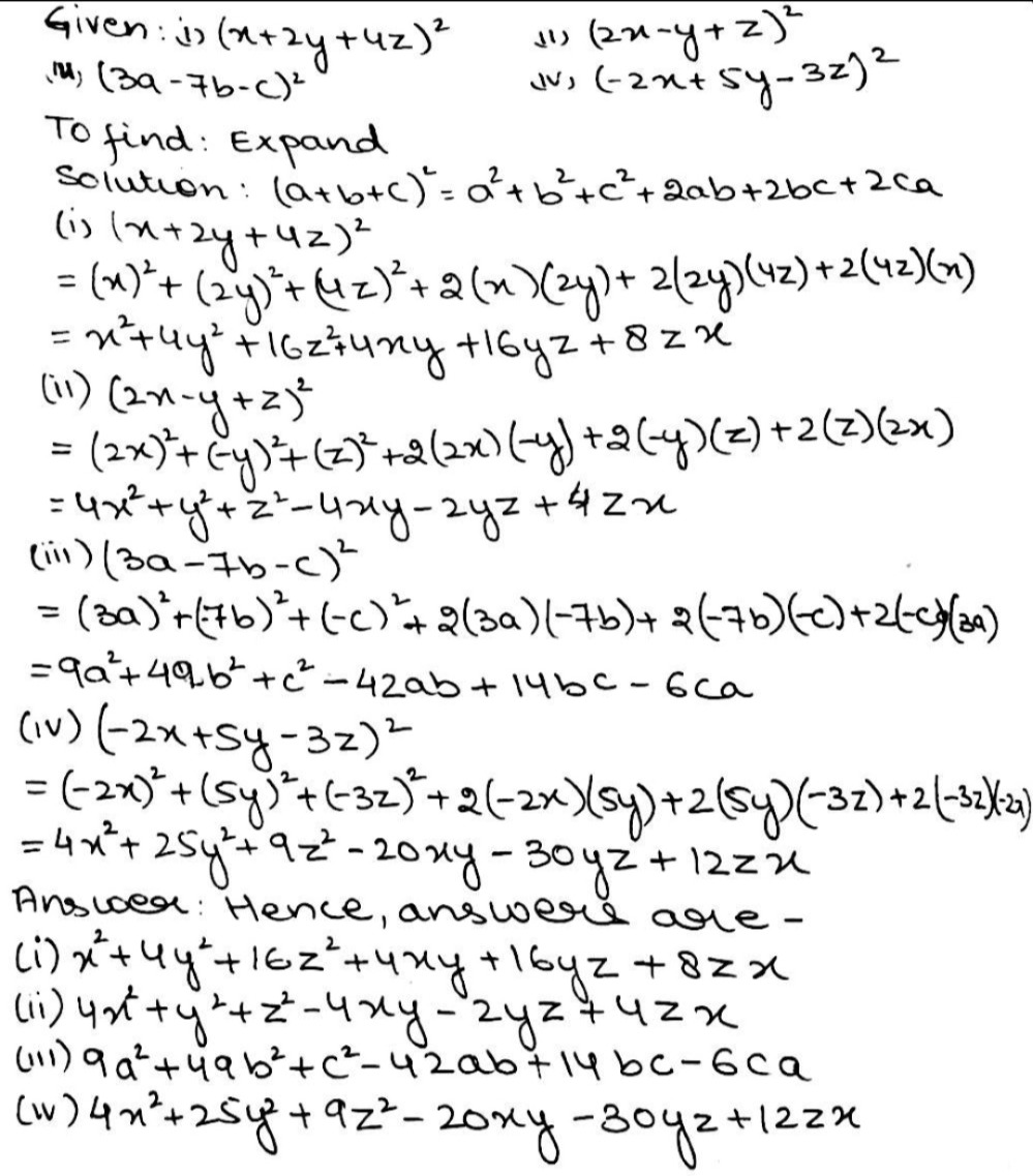 Nonals 49 3y 3 2x 9y 2 4 Expand Each Of The Following Using Suitable Identities X 2y 4z 2 2x Y Z 2 2x 3y 2 3y 3 3 2x 2 3y Using Identn 2x 3y 2x 3y Iv 3a 7b C 2 V 2x 5y 3z 2 Vi Frac 1 4 A Frac 1 2