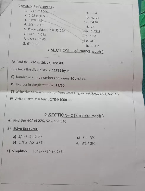 D Match The Following 1 421 5 1000a 0 042 0 08times 5b 4 7273 31 0 775c 94 624 1 5 0 16d 245 Place Value Of 2 Is 35 072 E 0 8 42 3 693f 1 647 6 99 87 63g 408 6 0 25h 0 002section B 2 Marks Each A Find The Lcm Of