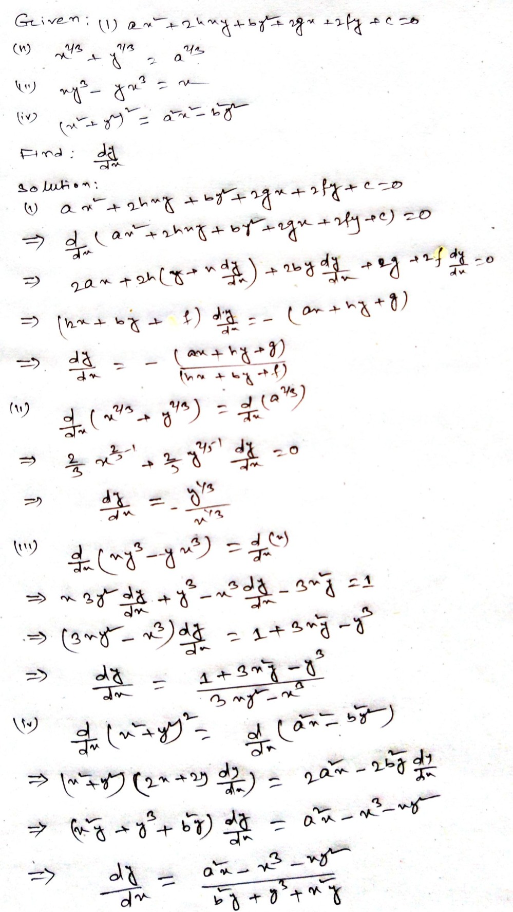 1 Find Frac Dy Dx If I Ax 2 2hxy By 2 2gx 2fy C 0 Iii X 2 3 Y 2 3 A 2 3 V Xy 3 Yx 3 X Vii X 2 Y 2 2 A 2 X 2 B 2 Y 2 Snapsolve