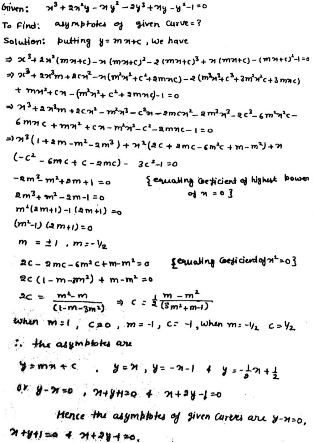 Q3 Find The Asymptotes Of The Curvex3 2x2y Xy2 2y3 Xy Y2 1 0 Snapsolve