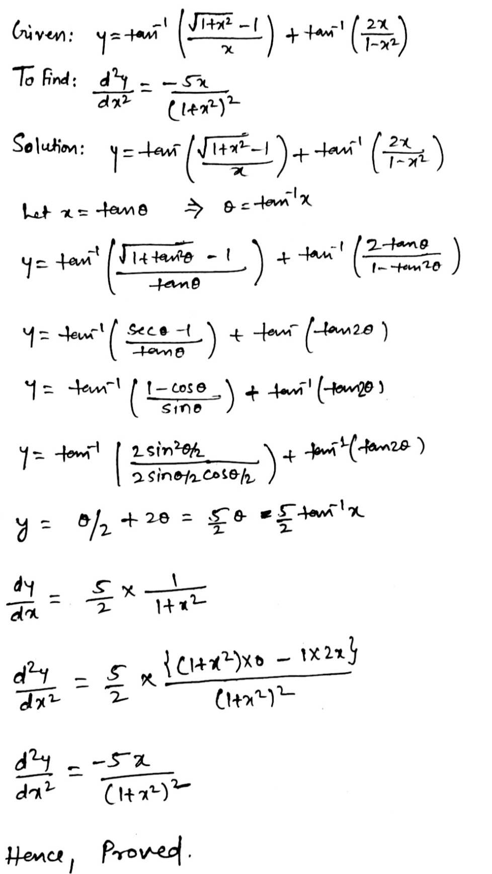 9 If Y Tan 1 Frac Sqrt 1 X 2 1 X Tan 1 Frac 2x 1 X 2 Prove That Frac D 2 Y Dx 2 Frac 5x 1 X 2 2 Snapsolve