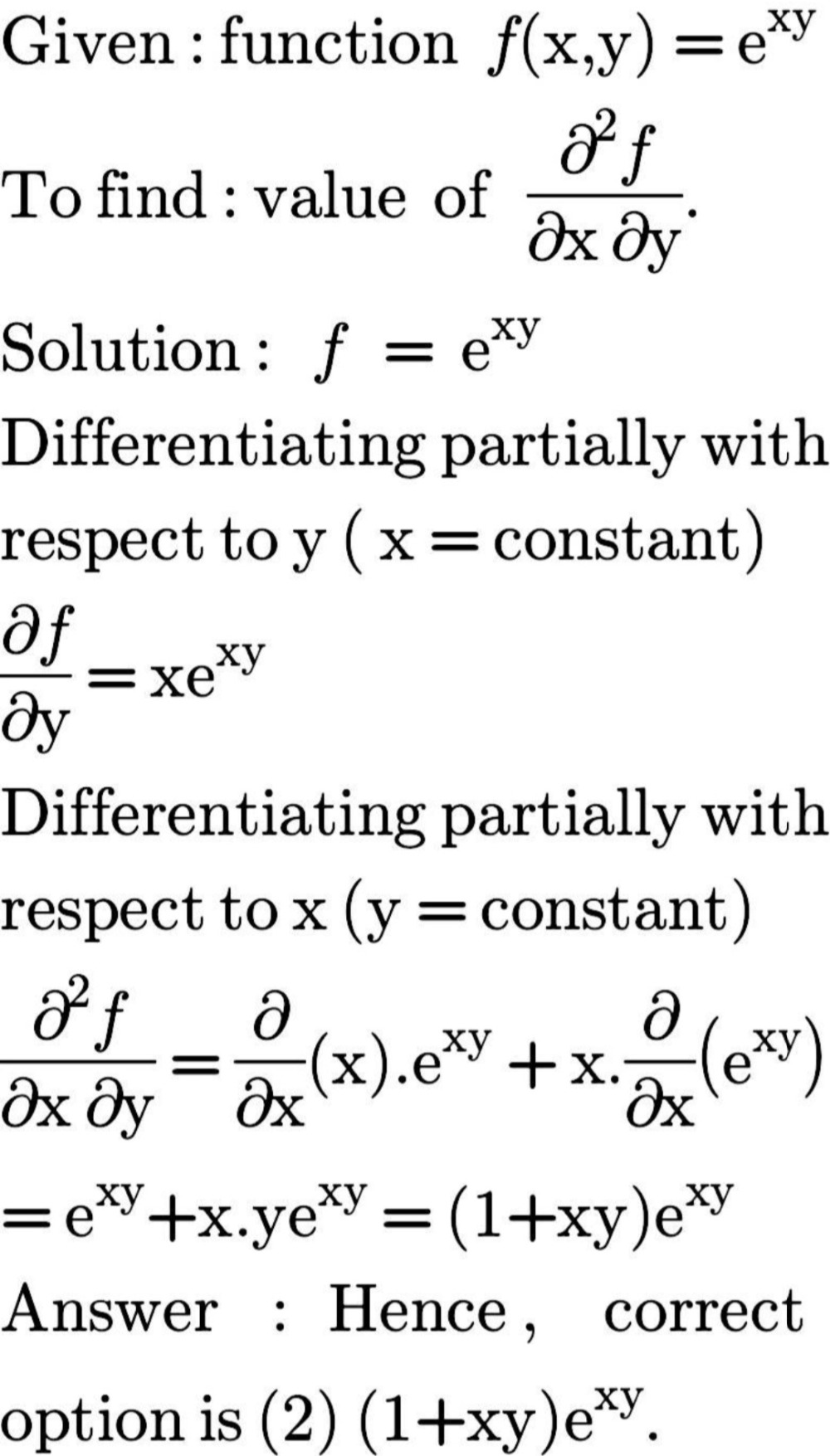 If F X Y E Xy Then Frac A 2 F Axey Is Equal To 1 Xye Xy 2 1 Xy E Xy 3 1 Y E Xy 4 1 X E Xy Snapsolve