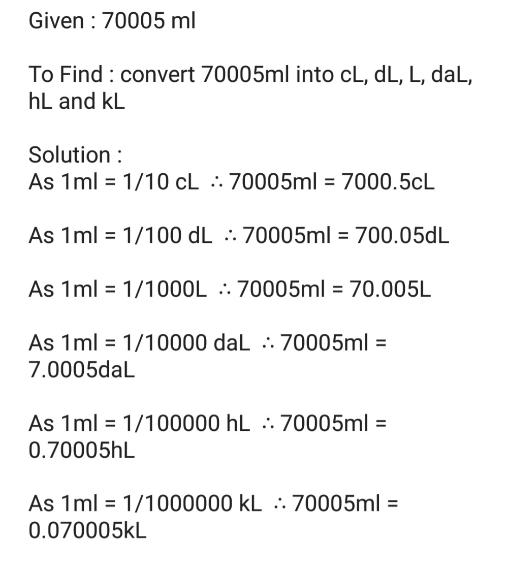 5 Convert Ml Into Cl Dl L Dal Hl And Kl Snapsolve