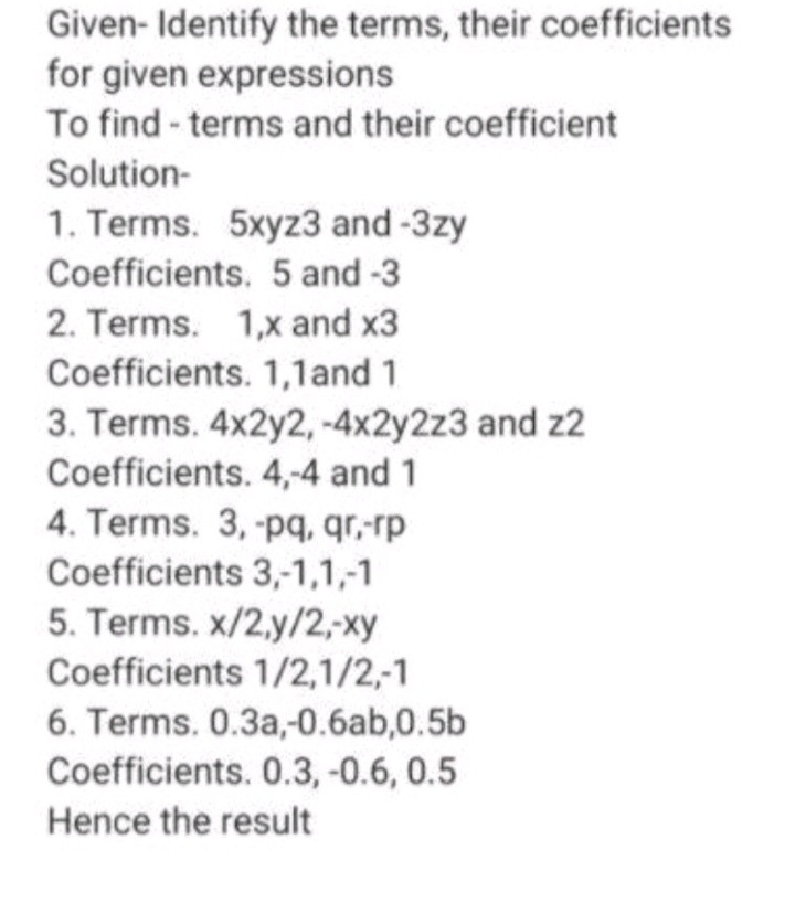 2 How Manyfollowing Expressions Iii I 2x 3 Ii 7y 53 Identify The Terms Their Coefficients For Each 4x 0 7 6 Aof The Following Expressions I 4xyz 3xy Ii 1 Y Y 3 Iii 3x 2 Y 2 7x 2 Y 2 Z 2 Y 2 Iv 4 Ab Ca7 V Frac X 3