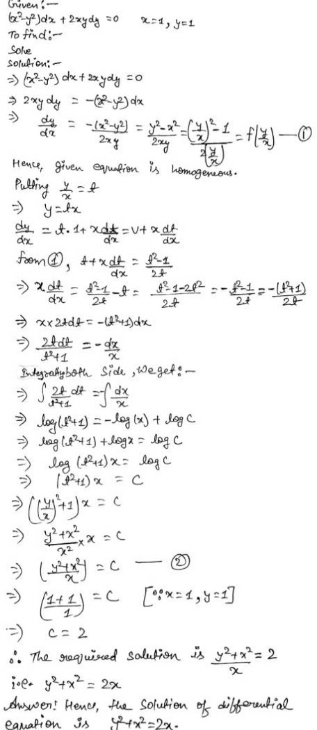 Solve The Following Differential Equation X 2 Y 2 Dx 2 Xydy 0given That Y 1 When X 1 Snapsolve