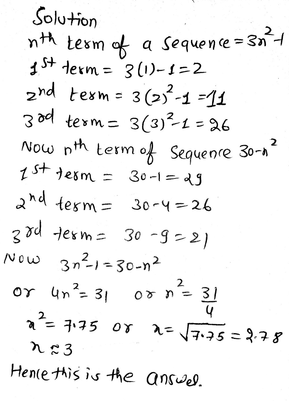 The Nth Term Of A Sequence Is 3n 2 1the Nth Term Of A Different Sequence Is 30 N 2find The Only Number That Is In Both Of These Sequences Snapsolve