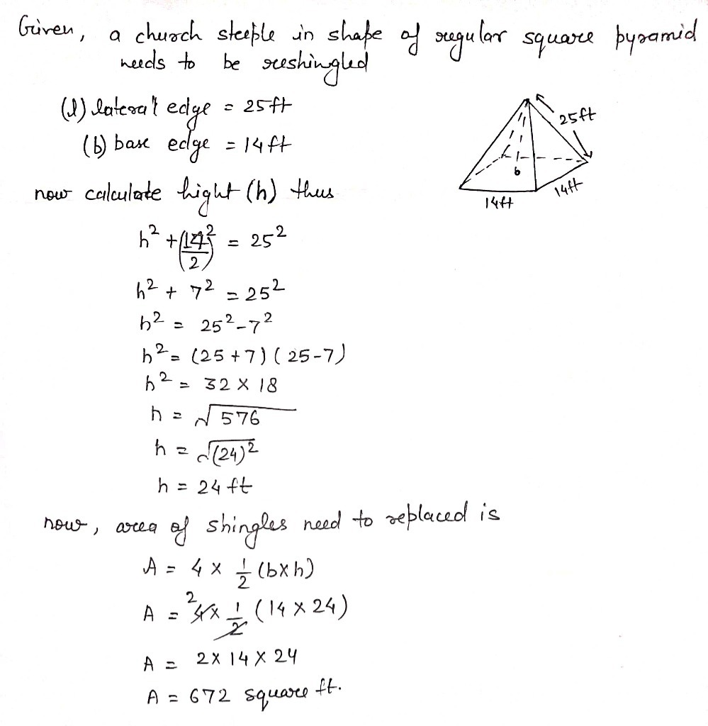 Solved: A church steeple in the shape of a regular square pyramid needs ...