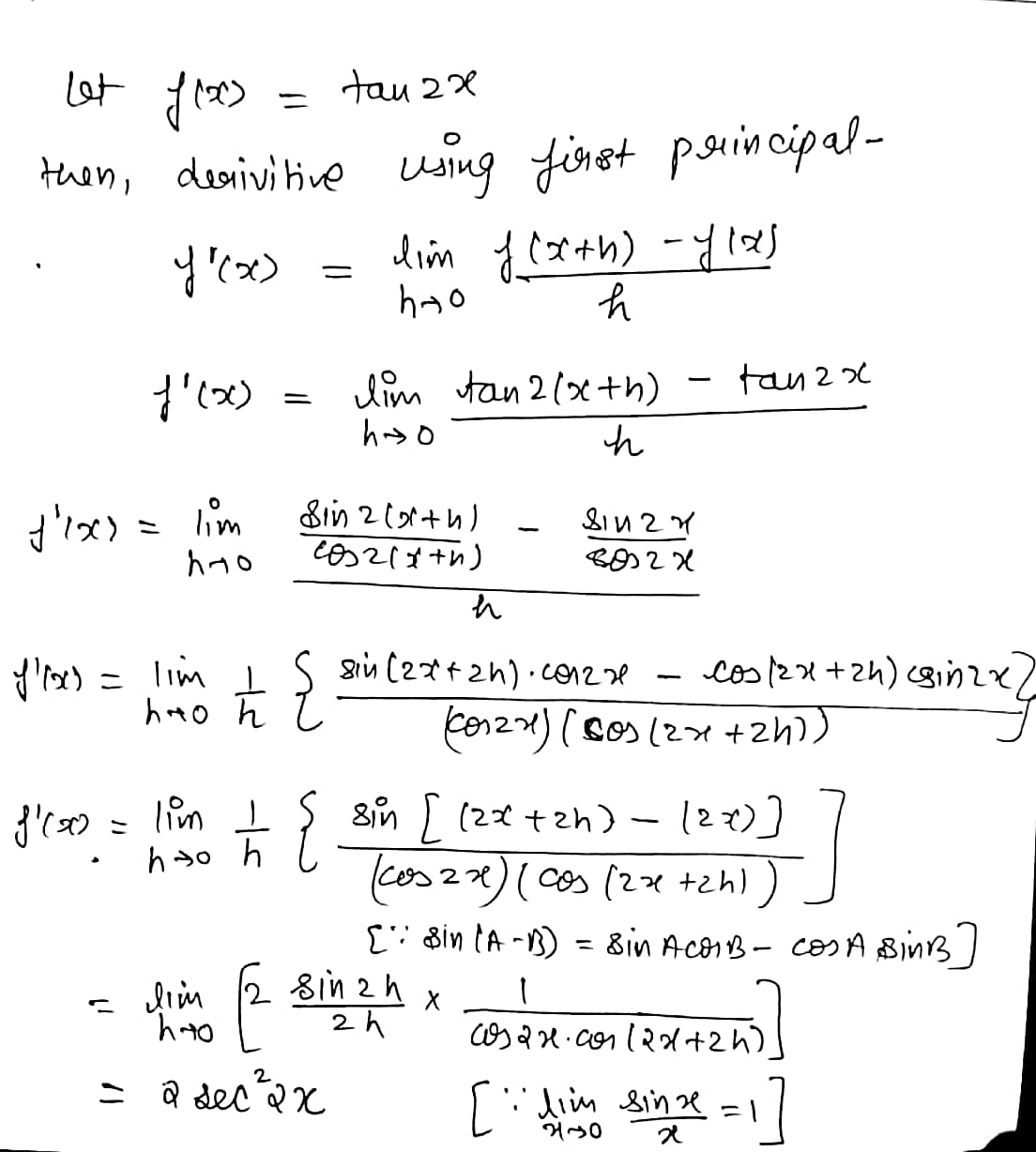 5 The Derivative Of Tan 2x W R T X From Firstprinciple Is A 2sec 2 2x B 2cot 2 2x C 2 Sec 2 2x D 2cot 2 2x Snapsolve