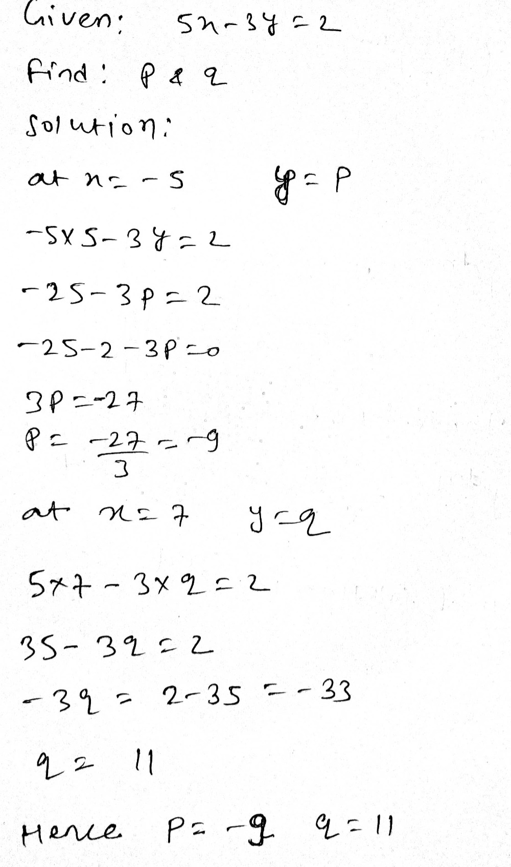 Solved: The variables x and y are connected by the equation 5x-3y=2 ...