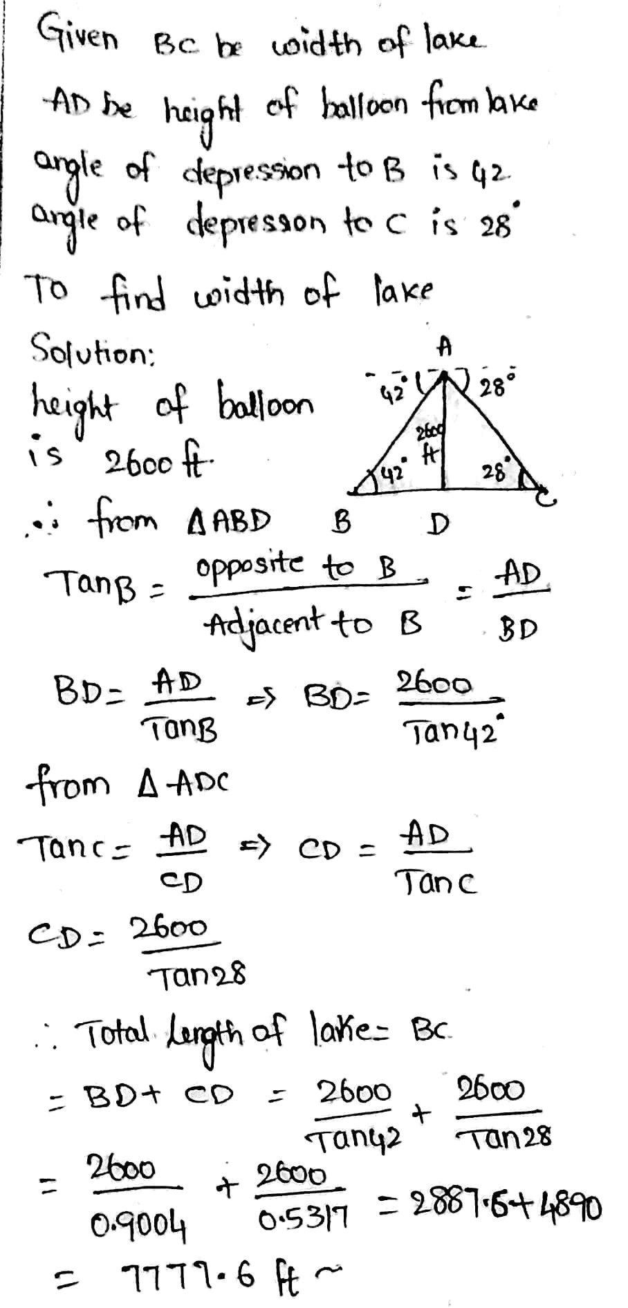 Solved: The angle of depression of one side of a lake, measured from a ...