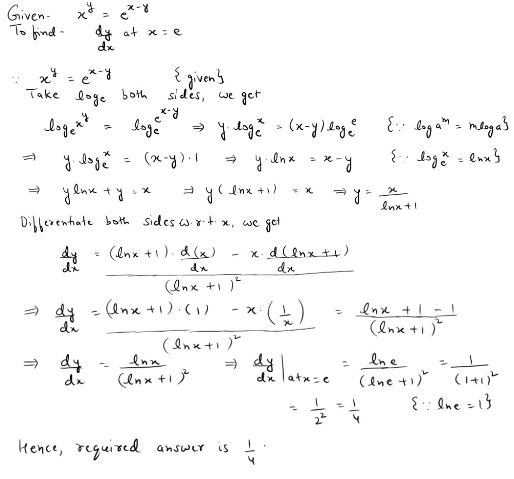 If X Y E X Y Then Frac Dy Dx At X E Snapsolve