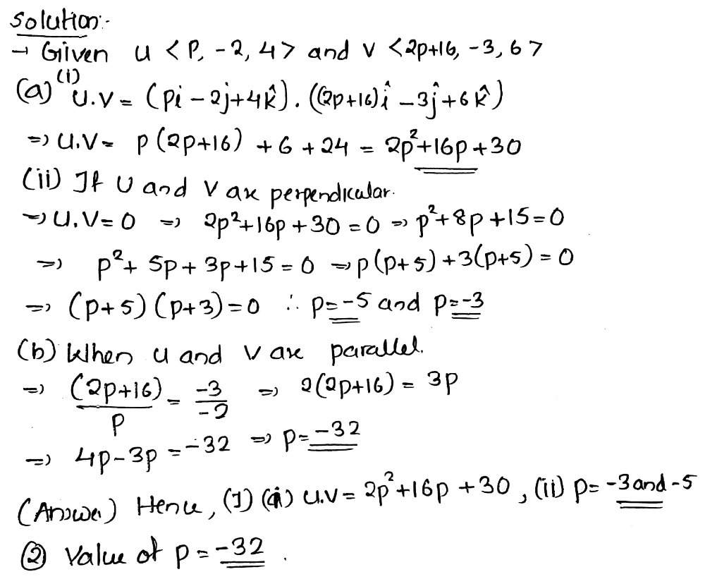 1 Vectorsu And V Have Component Beginpmatrix P 2 Gauthmath