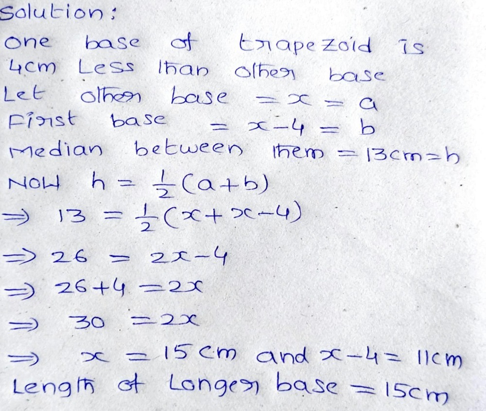 5. One base of a trapezoid is 4 cm less than twic - Gauthmath