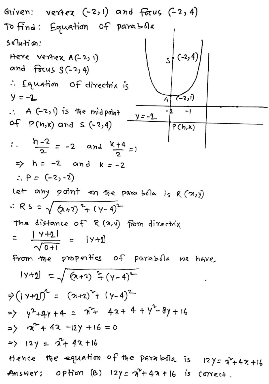 The Equation Of Parabola With Vertex 2 1 And Focus 2 4 Is A 10y X 2 4x 16 B 12y X 2 4x 16 C 12y X 2 4x D 12y X 2 4x 8 Snapsolve