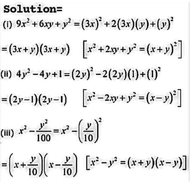 3 Factorise The Following Using Appropriate Identities I 9x 2 6xy Y 2 Ii 4y 2 4y 1 Iii X 2 Frac Y 2 100 Snapsolve