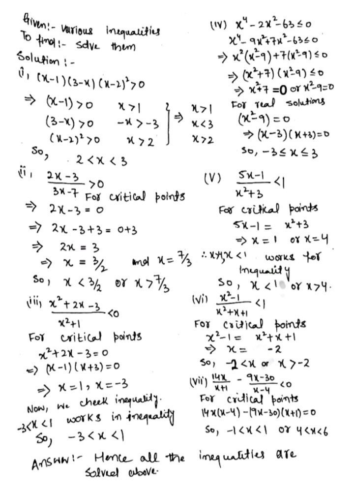 Solve The Following Inequalities I X 1 3 X X 2 2 0 Ii Frac 2x 3 3x 7 0 Iii Frac X 2 2x 3 X 2 1 0 Iv X 4 2x 2 63leq 0 V Frac 5x 1 X 2 3 1 Vi Frac X 2 1 X 2 X 1 1 Vii Frac 14x X 1 Frac 9x 30 X 4 0