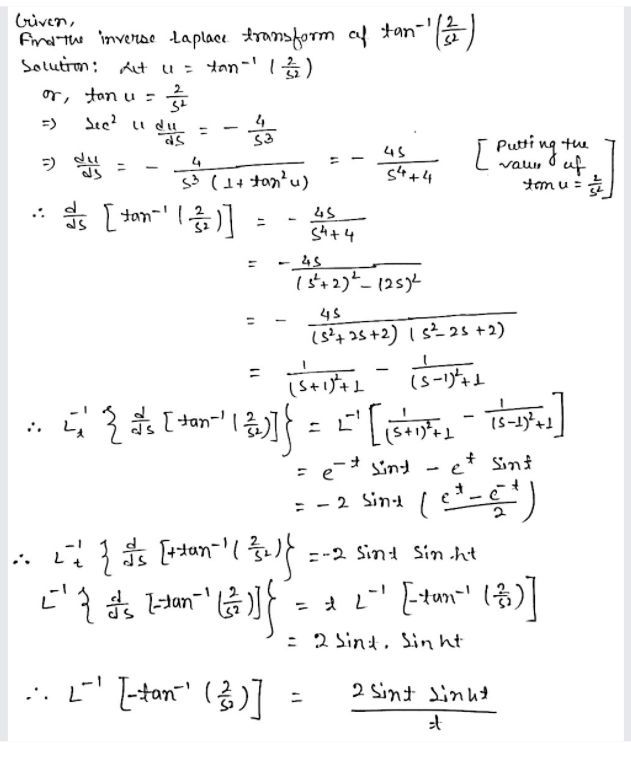 Find The Inverse Laplace Transform Of Tan 1 Frac 2 S 2 Snapsolve
