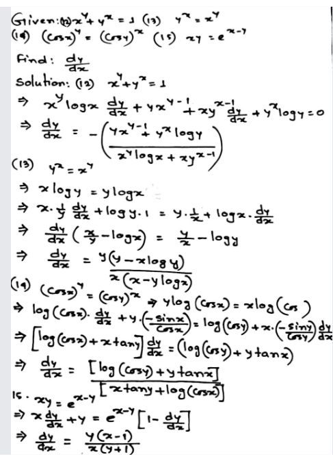 Find Frac Dy Dx Of The Functions Given In Exercises 12 To 15 12 X Y Y X 1 13 Y X X Y 14 Cos X Y Cos Y X 15 Xy E X Y Snapsolve