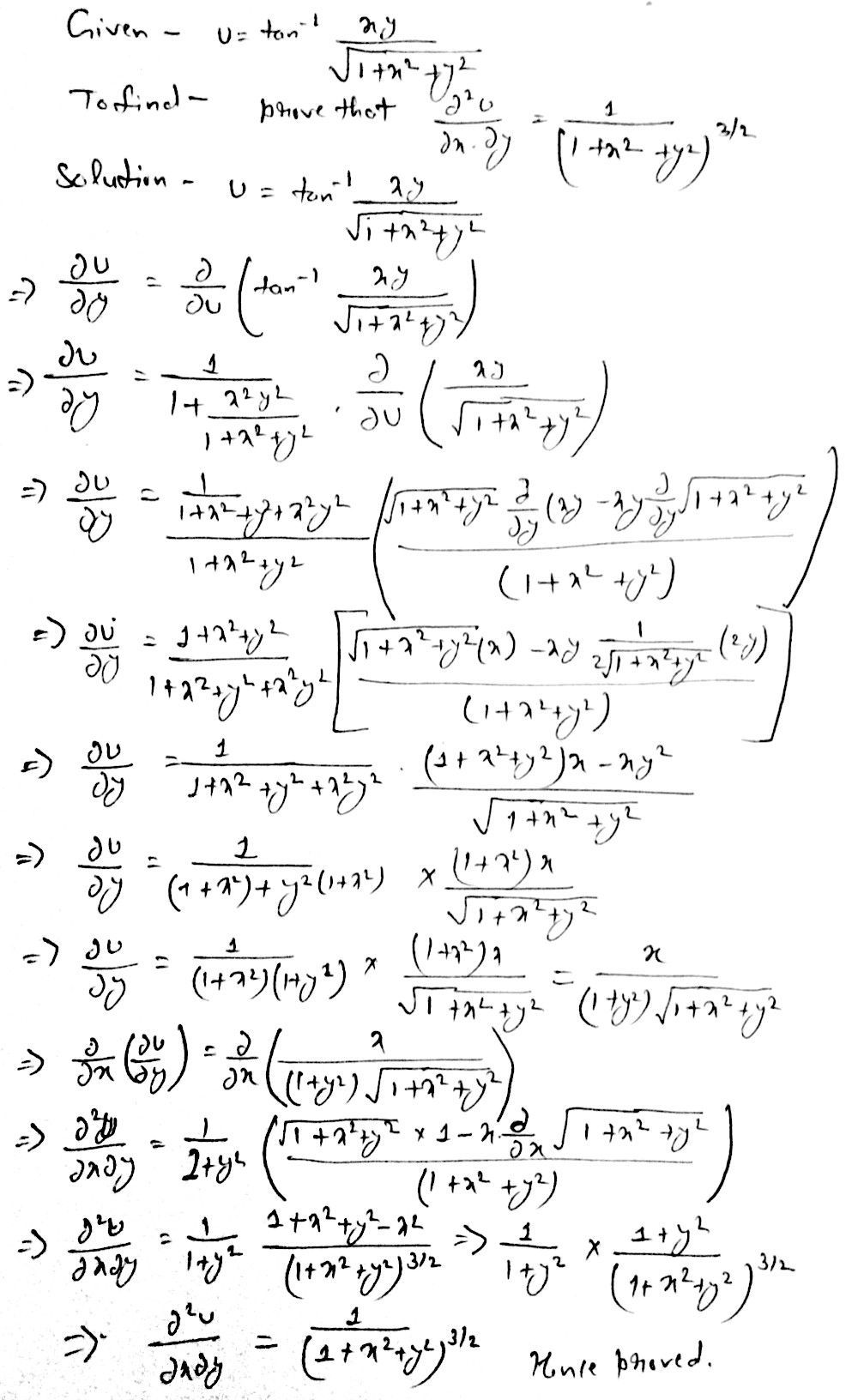 If U Tan 1 Frac Xy Sqrt 1 X 2 Y 2 Show That Frac Partial 2 U Partial Xpartial Y Frac 1 1 X 2 Y 2 3 2 Snapsolve