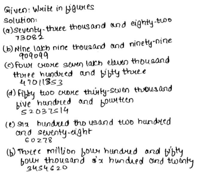 6 Write In Figures A Seventy Three Thousand And Eighty Two B Nine Lakh Nine Thousand And Ninety Nine C Four Crore Seven Lakh Eleven Thousand Three Hundred And Fifty Three D Fifty Two Crore Thirty Seven Thousand Five Hundred 6 Write In Figures A Seventy Three Thousand And Eighty Two B Nine Lakh Nine Thousand And Ninety Nine C Four Crore Seven Lakh Eleven Thousand Three Hundred And Fifty Three D Fifty Two Crore Thirty Seven Thousand Five Hundred