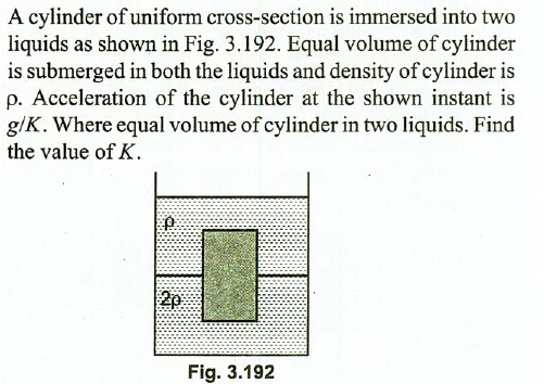 A Cylinder Of Uniform Cross Section Is Immersed Into Twoliquids As Shown In Fig 3 192 Equal Volume Of Cylinderis Submerged In Both The Liquids And Density Of Cylinder Isp Acceleration Of The Cylinder