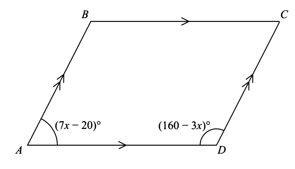 Solved: The diagram shows a parallelogram (ABCD). Angle (BAD=(7x-20 ...