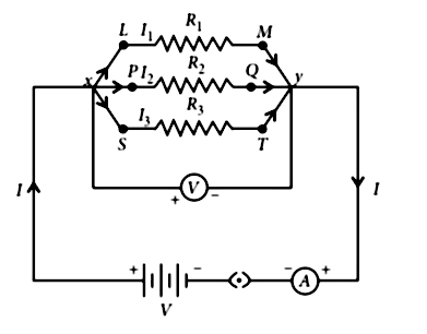 Explain with the help of a labelled circuit diagram how you will find the resistance of a combination of three resistors of resistances (R_1, R_2) and (R_3) joined in parallel. Also mention