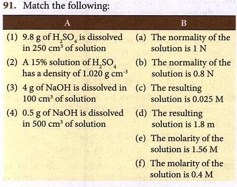 91 Match The Following Ab 1 9 8 G Of H 2 So 4 Is Dissolved A The Normality Of Thein 250 Cm 3 Of Solution Solution Is 1 N 2 A 15 Solution Of H 2 So 4 B The Normality Of