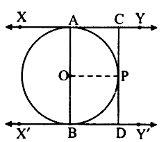 The Given Figure Shows Two Parallel Tangents Xy And X Y At The Points A And B Respectively To The Circle With Centre O Another Tangent Cd Is Drawn Parallel To Ab At The