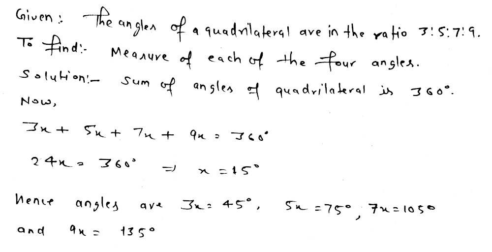 Answer for compounaed arndany. [3](b) The angles of a quadrilateral are in the ratio 3:5:7:9 . Find the measure of each of the fourangles. [3]Ankur haea sauare nainting with an eree ef 3364cm2 What ic the lenath of ene cide of the