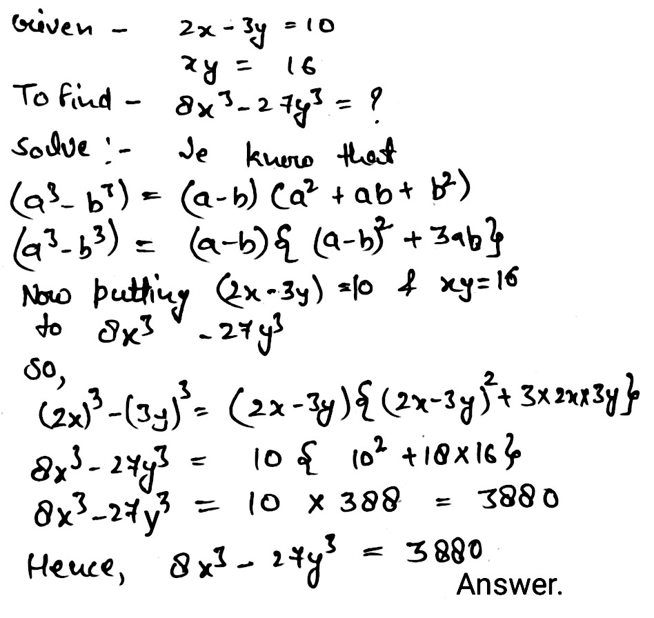 If 2x 3y 10 And Xy 16 Find The Value Of 8x3 27y3 Snapsolve