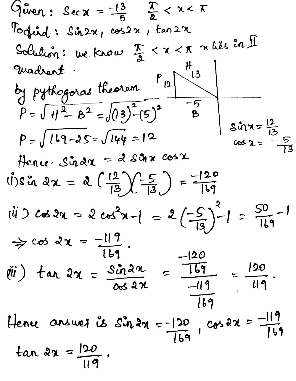 Find Sin 2x Cos 2x Tan 2x If Sex X Dfrac 13 5 Dfrac Pi 2 Mathit X Pi Snapsolve