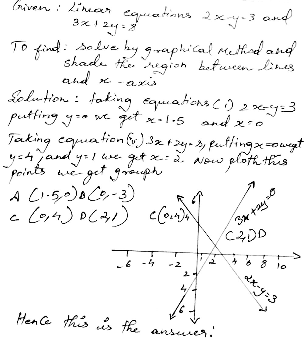 Q34 Solve The Pair Of Linear Equations Graphically 2x Y 3 And 3x 2y 8also Shade The Region Between The Lines And X Axis Snapsolve