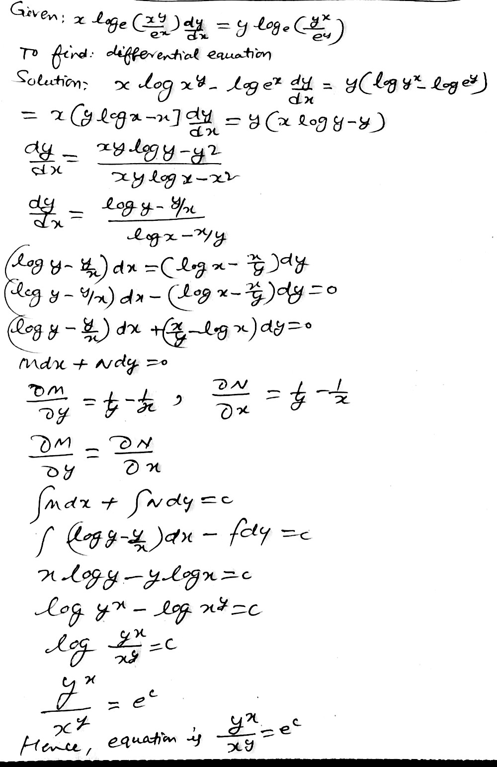 Solve The Differential Equation Xlog E Frac X Y E X Frac Dy Dx Ylog E Frac Y X E Y Where X Y 0 Snapsolve