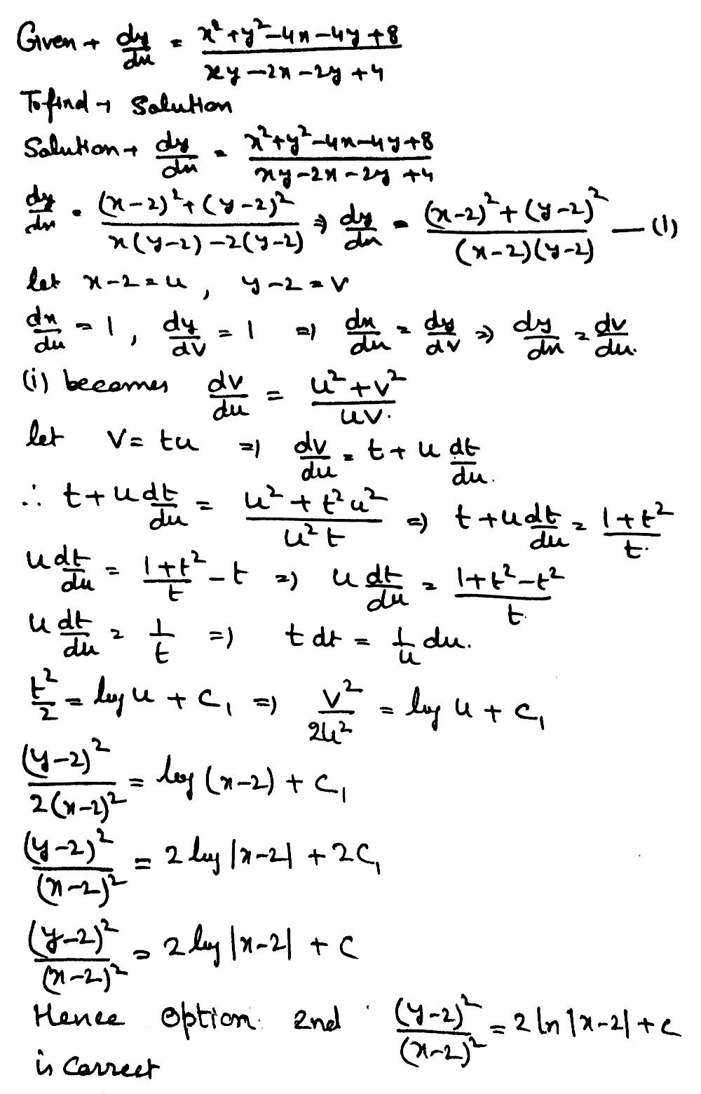 The Solution Of The Differential Equation Frac Dy Dx Frac X 2 Y 2 4x 4y 8 Xy 2x 2y 4 Is X Y 2 Ln X 1 Cfrac Y 2 2 X 2 2 2ln X 2 C X Y 2 Ln X Y C X 2 2 2 X 2 C 2 2 Snapsolve