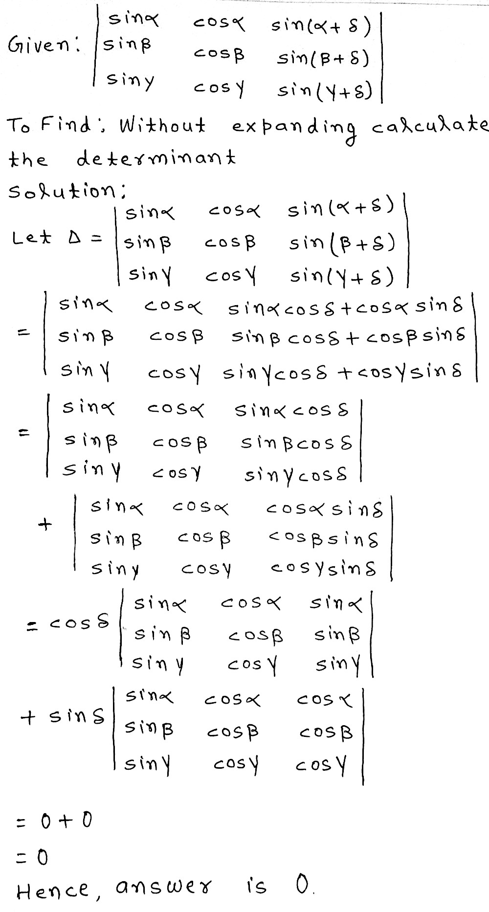 Delta Abc Ab Ca Times 0 0 And C 3 Are Identical C 2 Ixams0 Without Expanding Evaluate The Determinant Sin Beta Cos Beta Sin Beta 5 Snapsolve