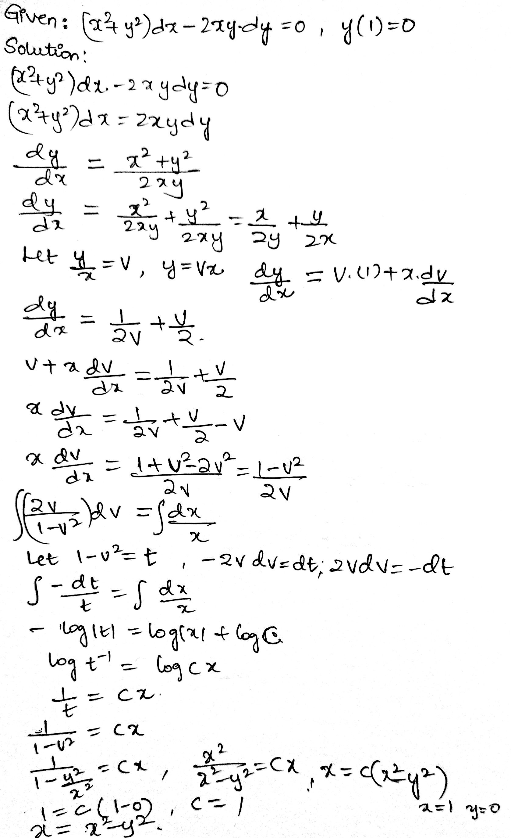 Solve The Following Differential Equations X 2 Y 2 Dx 2xydy 0 Y 1 0 Snapsolve