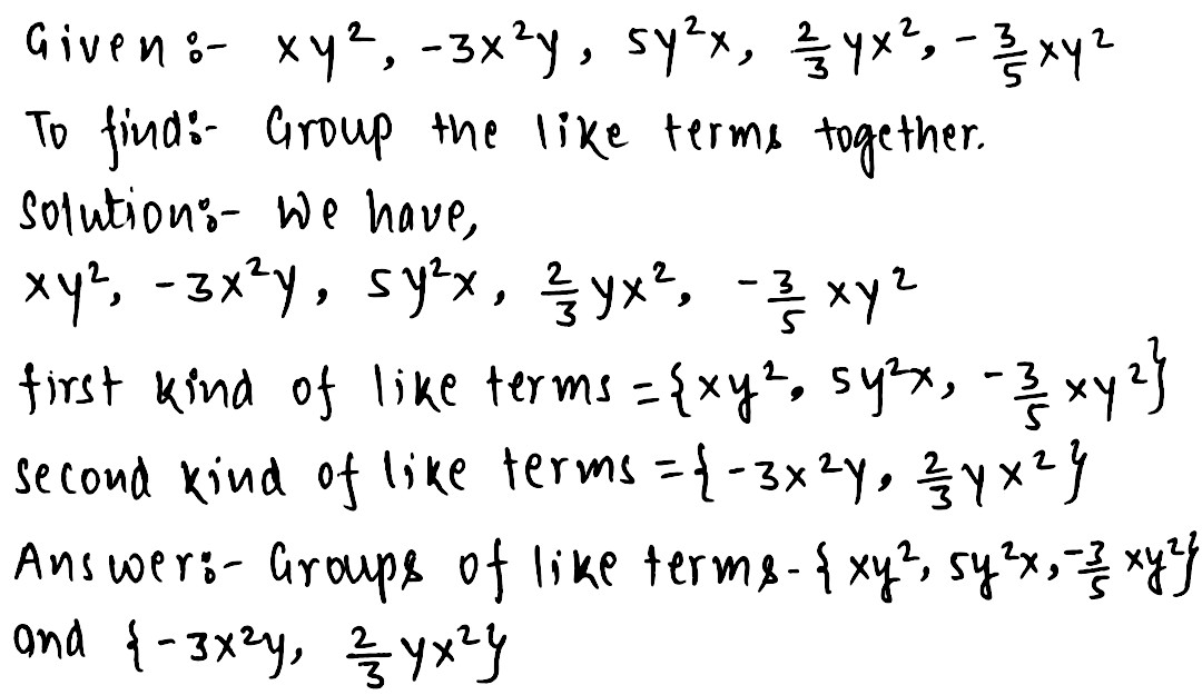 Group The Like Terms Together Xy 2 3x 2 Y 5y 2 X Frac 2 3 Yx 2 一看刚 Snapsolve