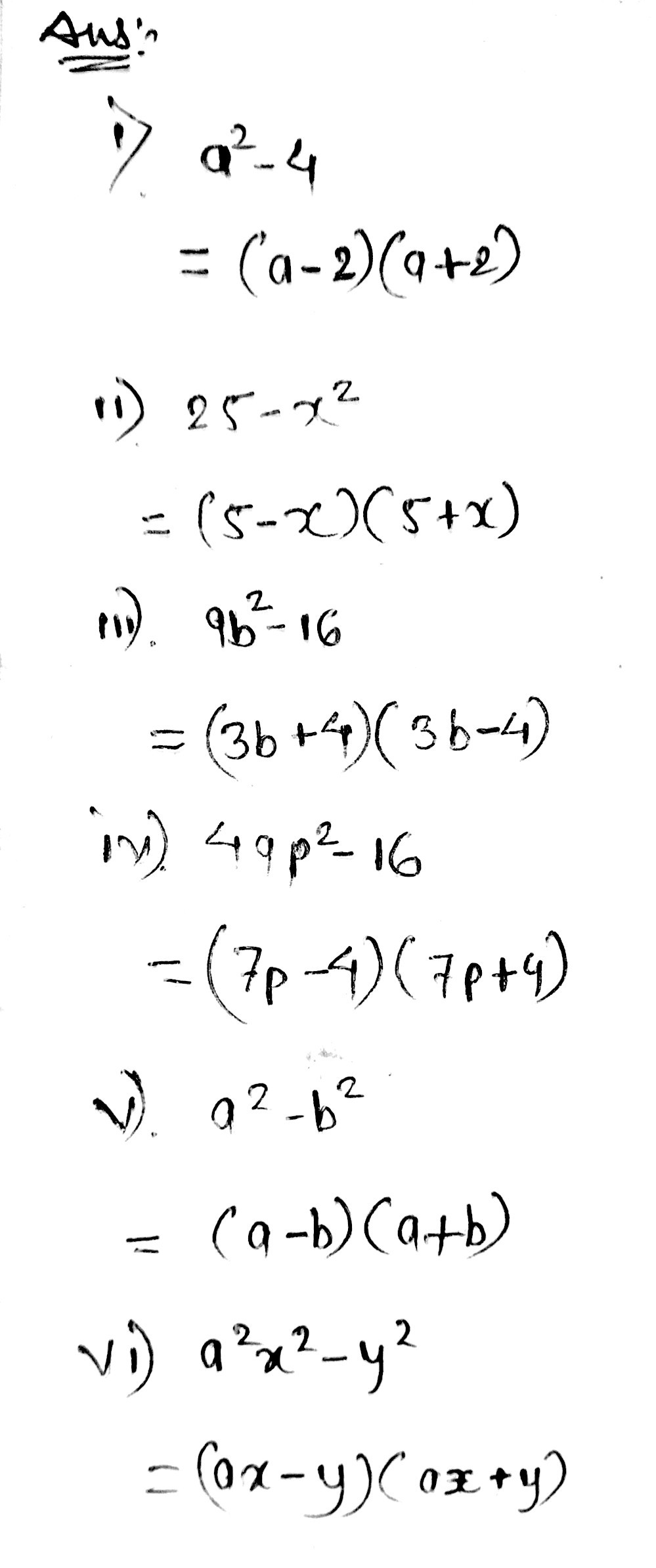 Factorise The Following Expressions 1 A 2 4 2 25 X 2 3 9b 2 16 4 49p 2 16 5 A 2 B 2 6 A 2 X 2 Y 2 Snapsolve