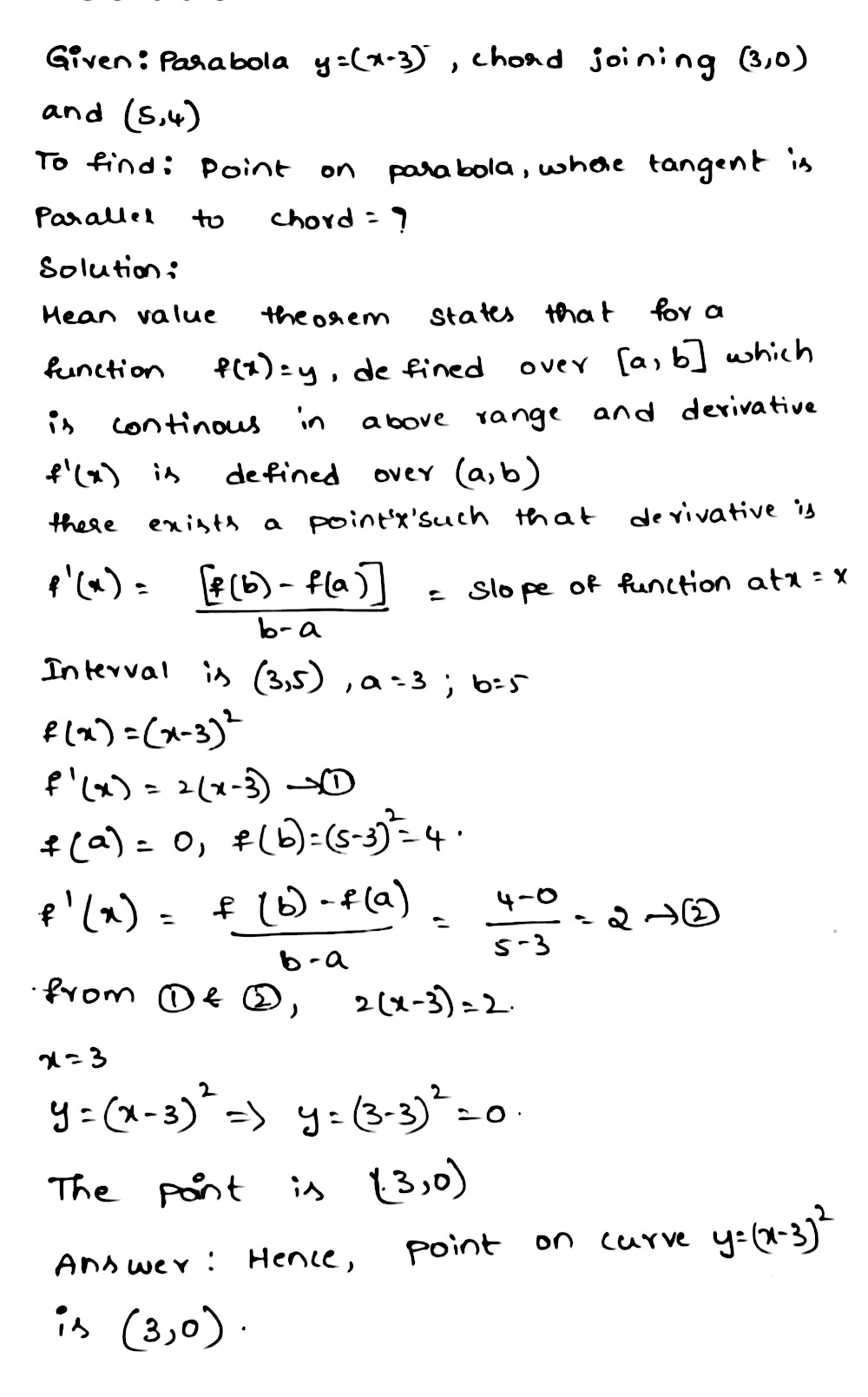 Using Lagrange S Mean Value Theorem Find A Point On The Parabola Y X 3 2 Whcre Tangentis Parallel To The Chord Joining 3 0 And 5 4 Snapsolve