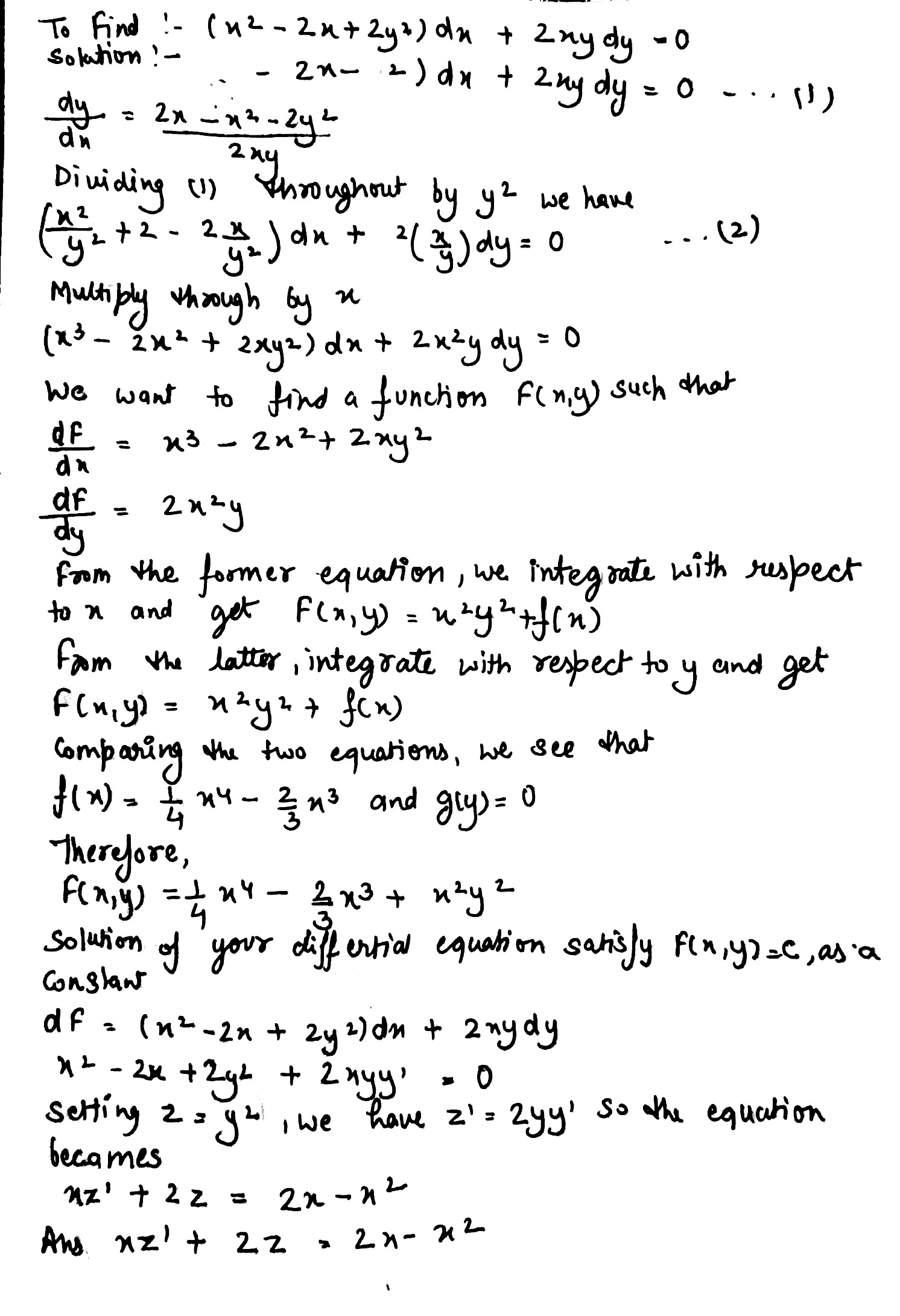 29 Find The Solution Of Differential Equation X 2 2x 2y 2 Dx 2xydy 0 Snapsolve