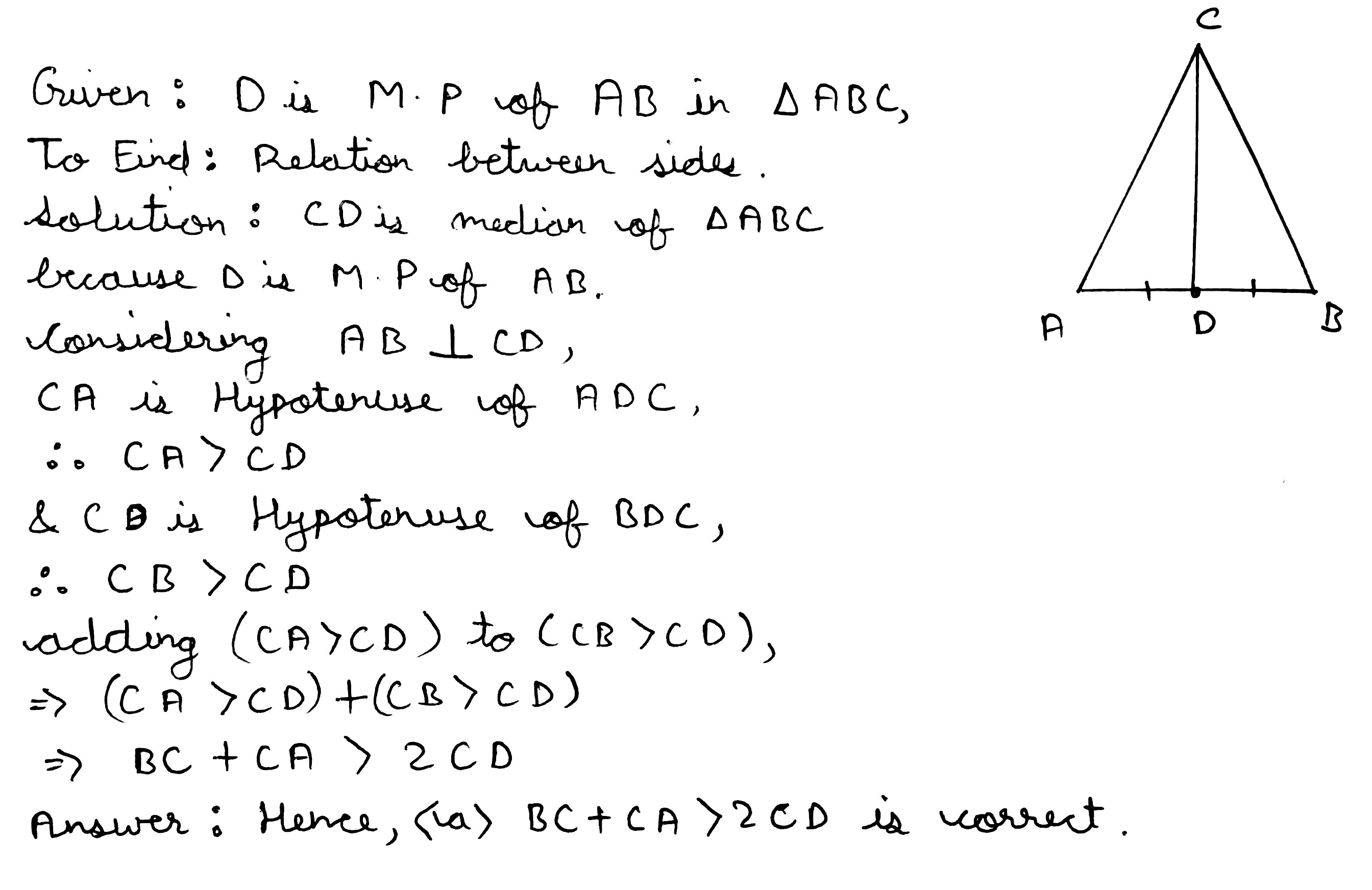 If D Is The Mid Point Of Ab In Delta Abc Then A Ca 2 Cd B Ab 2cd C Ab Ca 2ad D Ab Ac 2ad Snapsolve
