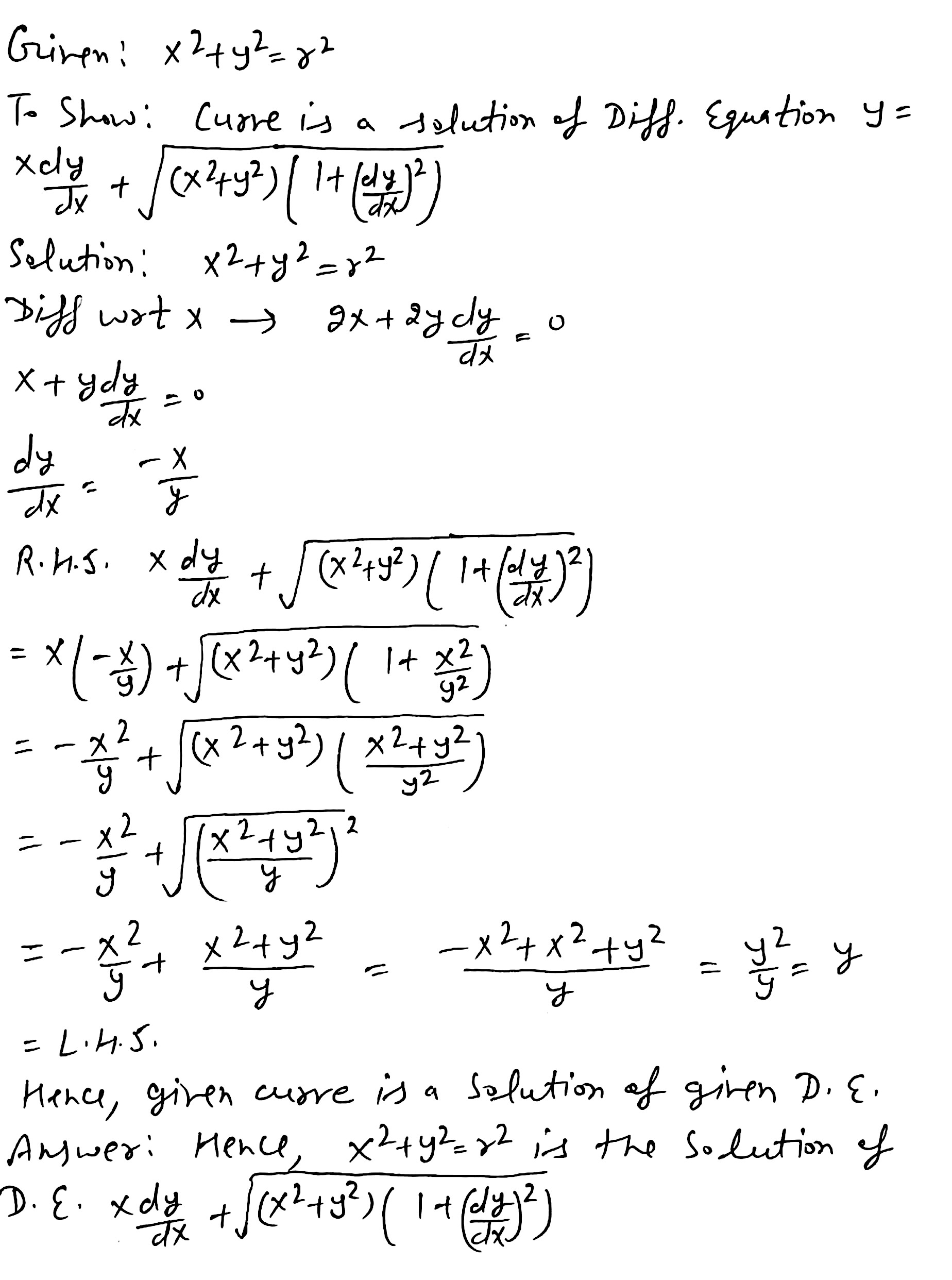 1 Ii Show That X 2 Y 2 R 2 Is A Solution Of The Differential Equationy X Frac Dy Dx Sqrt X 2 Y 2 1 Frac Dy Dx 2 Snapsolve