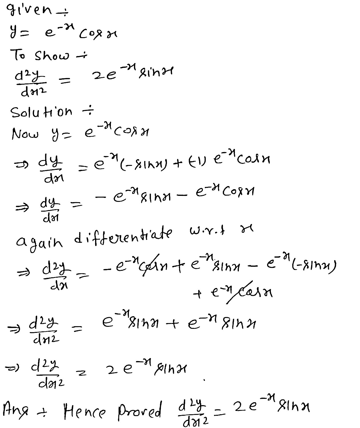 If Y E X Cos X Show That Frac D 2 Y Dx 2 2e X Sin X Snapsolve