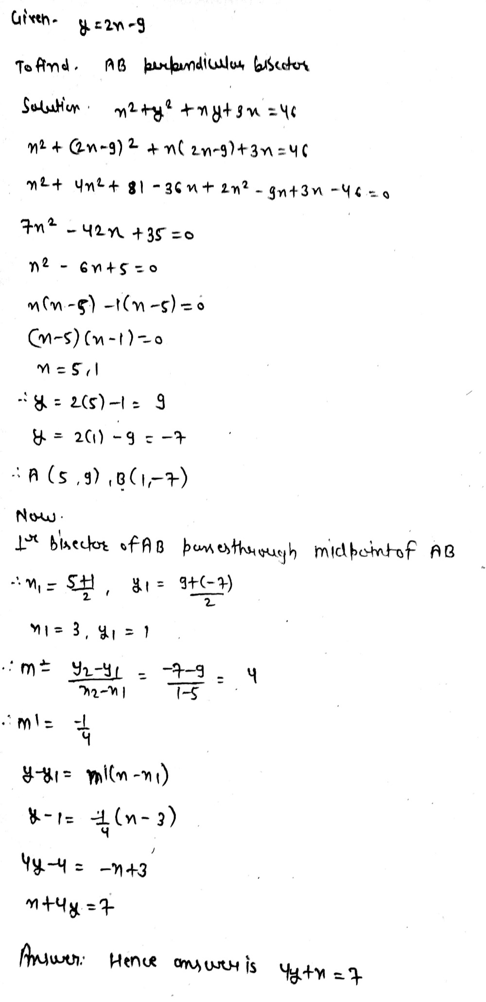 The Line Y 2x 9 Intersects The Curve X 2 Y 2 Xy 3x 46 At The Points A And B Find The Equation Of The Perpendicular Bisector Of Ab Snapsolve