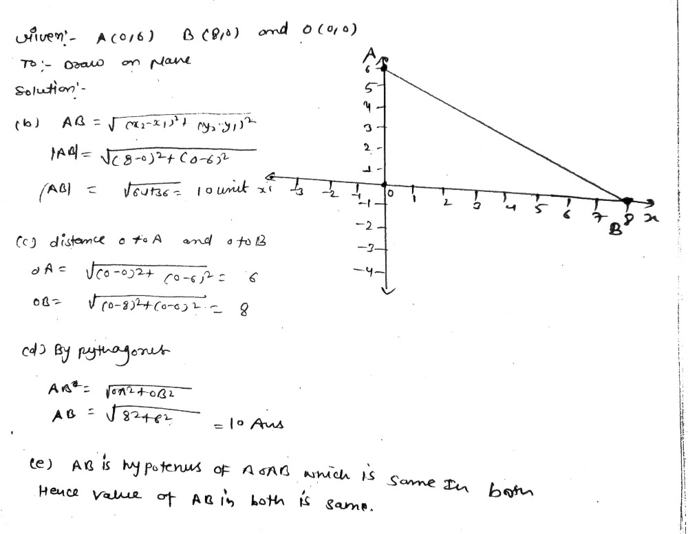 A 0 6 And B 8 0 Are Two Points In The Plane O Is The Point 0 0 A Draw A Co Ordinate Plane And Show The Points A And B On It B Use The Distance Formula To