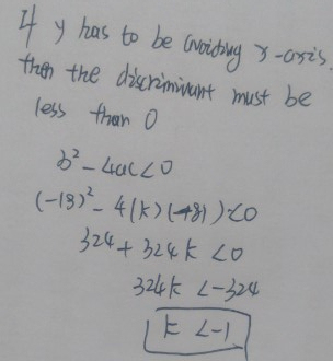 Use The Discriminant To Determine All Values Of K Which Would Result In The Graph Of The Equation Y Kx 2 18x 81 Not Intersecting The X Axis Snapsolve