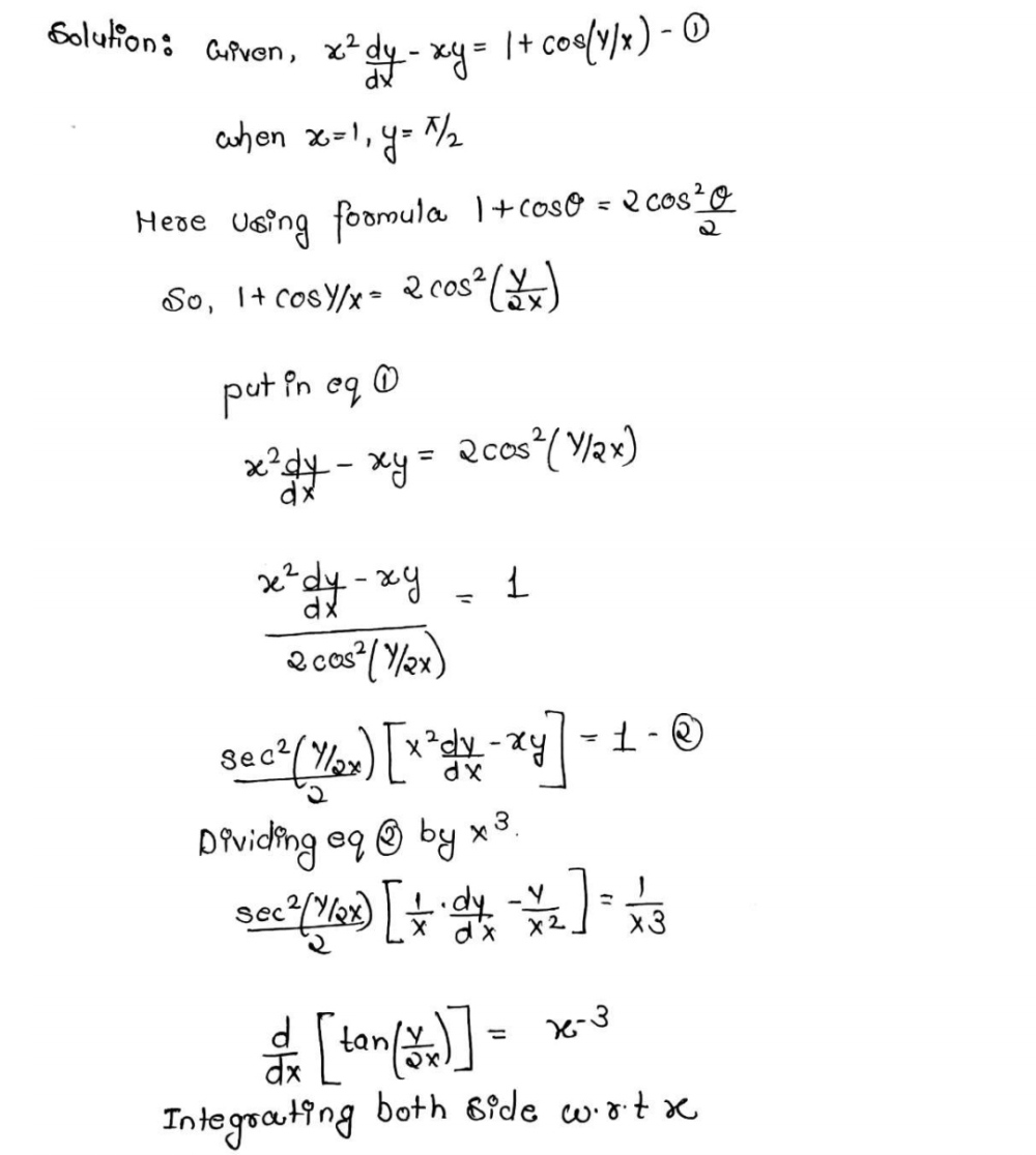 Find The Particular Solution Of This Differential Equation X 2 Frac Dy Dx Xy 1 Mathrm Cos Left Frac Y X Right e 0 Particular Differential Equation Solution Given When X 1 Y Frac Pi 2 Snapsolve