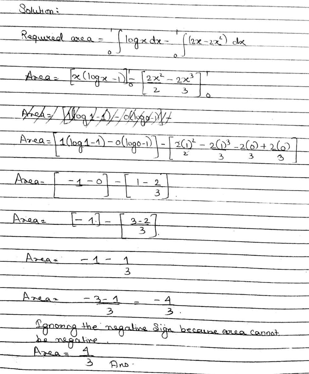 The Area Of The Region Bounded By The Curves Y Logx And Y 2x 2 X 2 Is Here Left X ϵ Right 0 1 Left Right A 3 4 Sq Units B 2 5 Sq Units C 5 2 Sq Units D 4 3 Sq Units